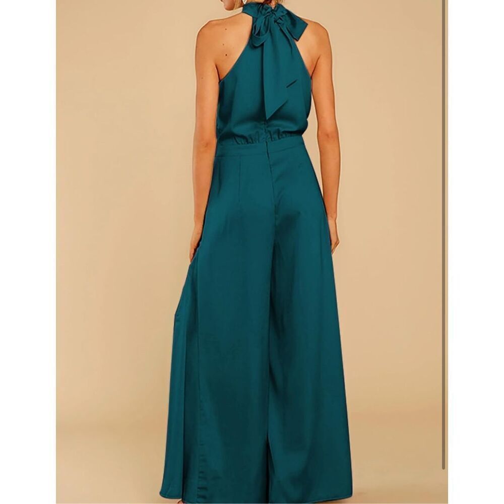 NEW Sleeveless Halter Tied Jumpsuit Pockets High Waist Wide Leg 2X - Picture 2 of 6